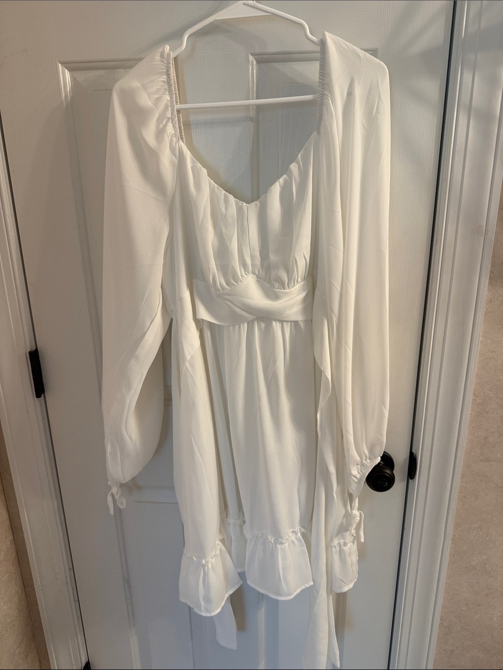 White Long Sleeve Tie-Waist Mini Dress